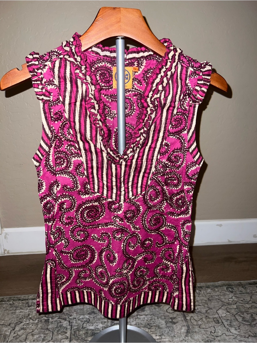 Tory Burch Fuchsia Paisley Ruffled V-Neck Sleeveless Top